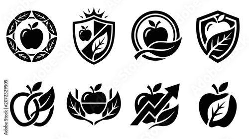 Black apple and fruit emblem icons
