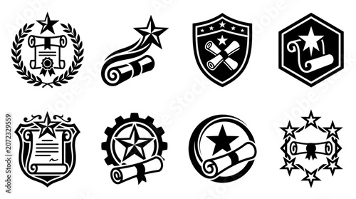 Black certificate scrolls and academic award wreath icons.