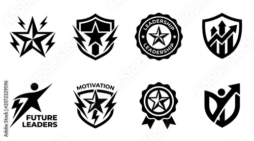 Black leadership achievement stars and motivational shields icons.