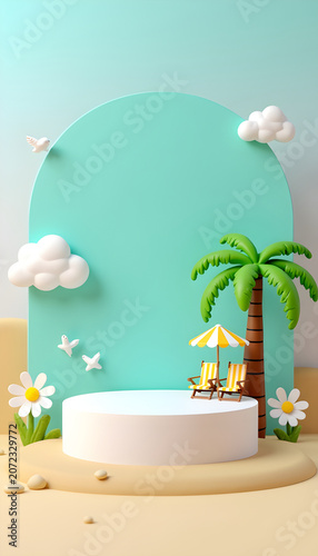 Minimalist 3d scene with empty cylinder pedestal for summer holiday retail advertisement campaign