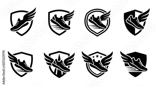 Running shoe and winged athletic emblem set.