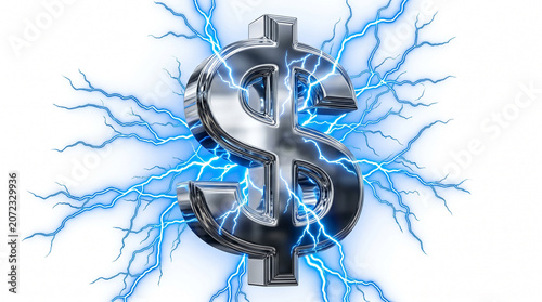 Metallic dollar sign with blue electric bolts.