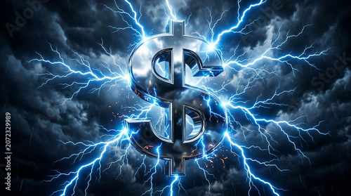 Silver dollar sign in dark stormy clouds sky.