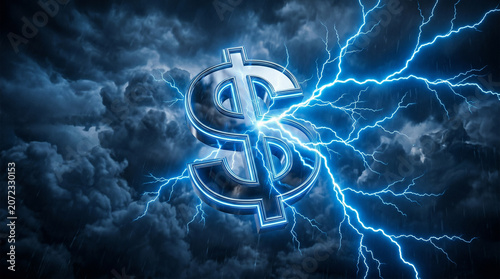 Dollar sign with lightning in dark rainy sky.