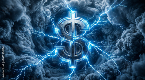 Glowy metallic dollar symbol in cloud vortex.