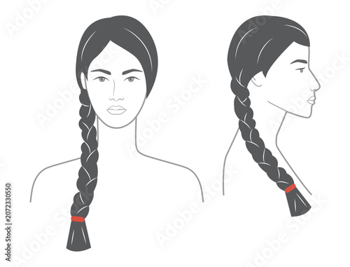 Braid Plait hairstyle black white front profile views, long braid structure for avatar, salon visuals, beauty chart, fashion illustration, hairstyle selection