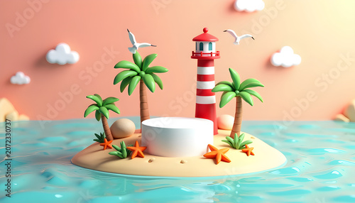 Summer product display podium on island with lighthouse for social media marketing and digital advertisement banner