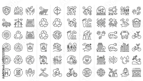 Quadro su tela Mega green ecology and renewable energy line icon set featuring environmental sustainability carbon reduction recycling global warming technology vectors