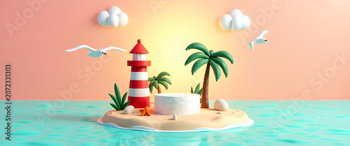 Clean minimalist island mockup plinth with flying seagulls for instagram lifestyle product advertising content