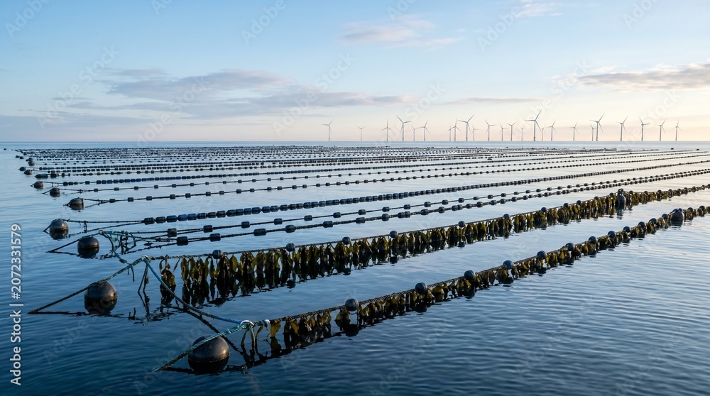 Obraz premium Kelp farm with wind turbines in the background on a sunny day