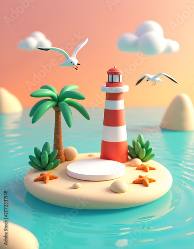 Blank showcase stage with tropical maritime elements for modern online retail marketing campaign banner