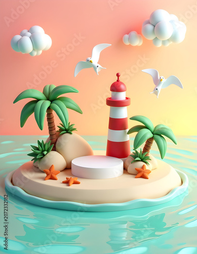 Creative e-commerce product podium on island beach template for seasonal promotional graphic banner design