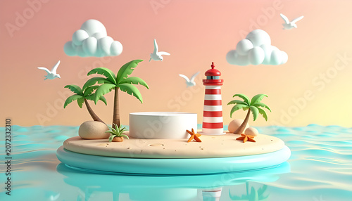Minimalist 3d scene with empty cylinder pedestal for summer nautical retail advertisement campaign layout