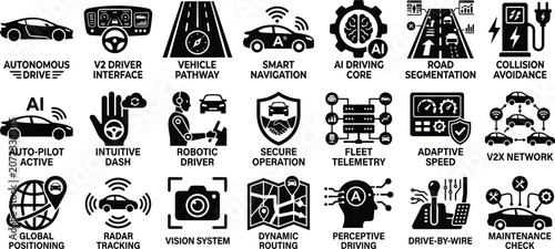 Comprehensive Professional Set of Autonomous Driving and Smart Vehicle Technology Icons for Advanced Automotive Solutions