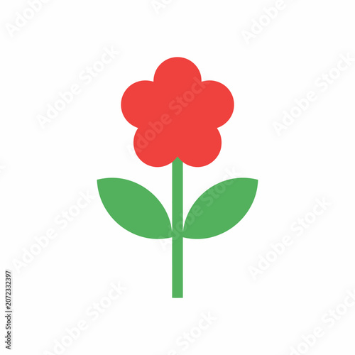 Simple red flower icon with green stem and leaves