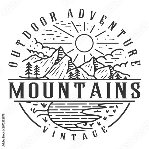 adventure Vintage logo. circular line art design mountains, sun, pine trees, clouds, and a scenic river landscape.