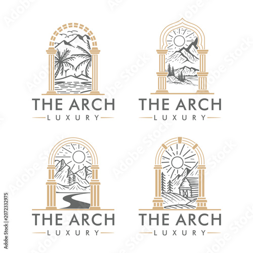 Luxury arch logo set. hand-drawn line art illustrations of mountain landscapes, palm trees, ocean and cabins 