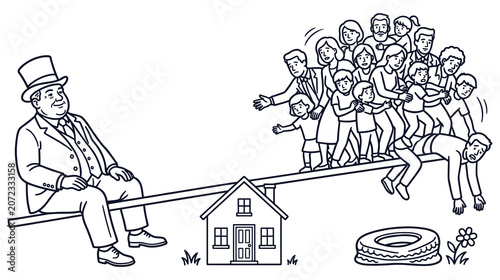 Tableau sur toile Rich man sitting on one side of a seesaw with a crowd of people on the other side