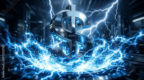 Dollar currency sign with bright blue electric power.