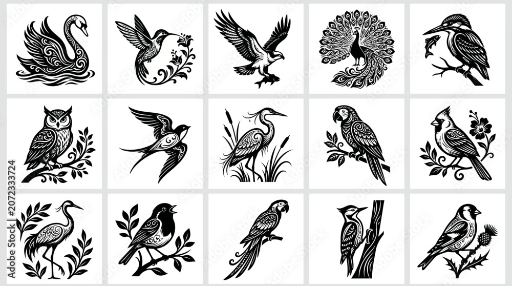 Obraz premium Collection of various bird silhouettes and illustrations