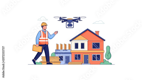 Engineer using Drone for House Construction Site Inspection Vector Illustration