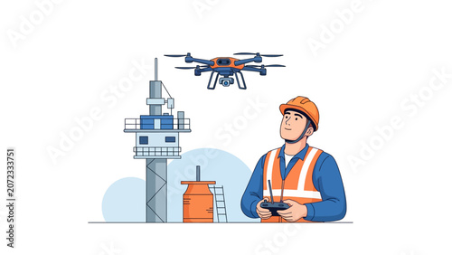 Industrial Technician Operating Drone for Infrastructure Inspection of Communication Tower Illustration