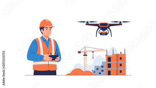 Construction Worker Operating Drone for Building Site Inspection Vector Illustration