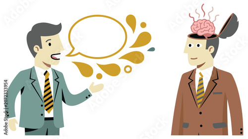 Billede på lærred Businessman explains concept, idea transfer to attentive listener with open mind and brain