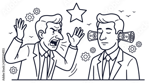 Foto Angry man yells at oblivious man with money stuffed in ears.