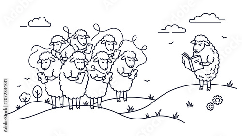 Schilderij op canvas Group of sheep using smartphones while leader reads book in peaceful outdoor landscape