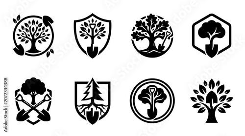фотографія Tree service and forestry professional icon set.