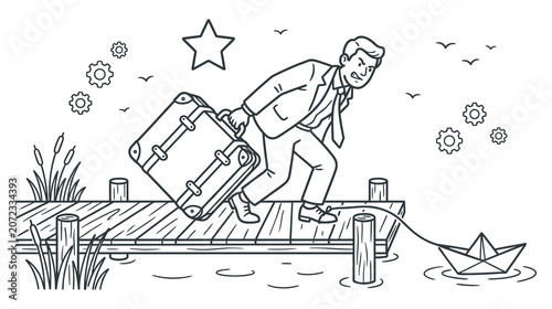 Canvas Print Business executive carrying heavy suitcase on wooden pier with paper boat tethered to foot