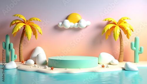 Minimalist product showcase stage on tropical island beach for digital advertisement and web layout