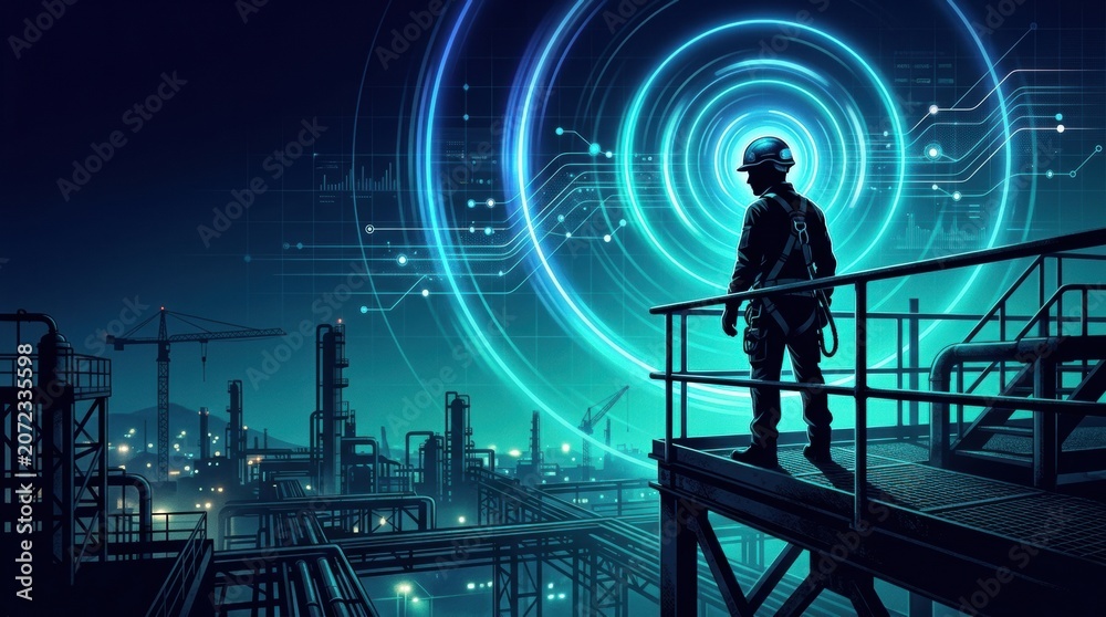 Fototapeta premium A silhouette stands on a platform in an industrial area at night, using smart PPE technology to access GPS data for safety monitoring.