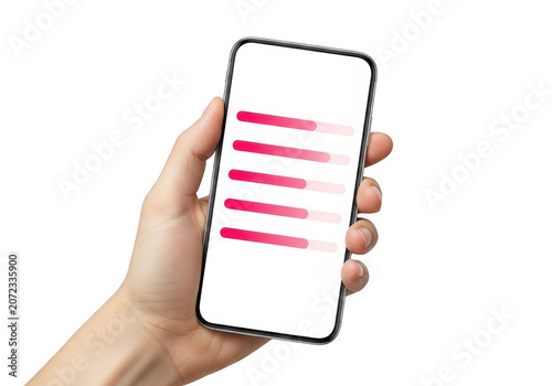 Hand holding smartphone showing five loading progress bars as isolated element