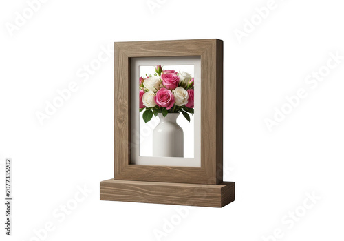 Rustic wood tabletop picture frame with floral arrangement as PNG cutout