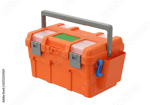 Orange plastic tool box organizer with gray handle as transparent object