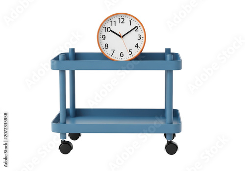 Analog wall clock placed on a small blue rolling storage cart as PNG cutout