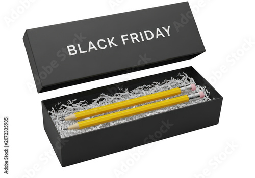 Black friday gift box with yellow pencils inside as isolated element