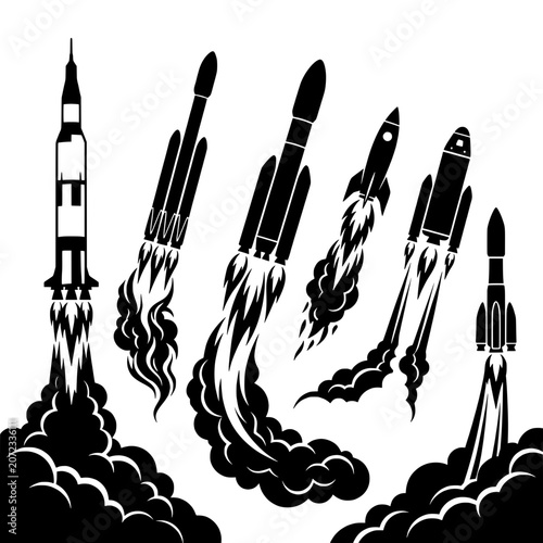 Space Rockets Launch Vector Silhouette Set Isolated, Transparent background