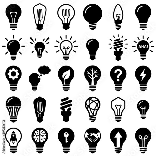 Light Bulb Icons Set for Ideas, Innovation and Creativity, Vector Silhouette Isolated on Transparent Background