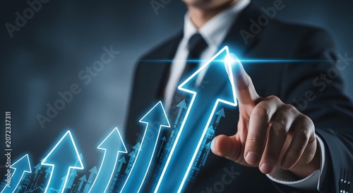 Business growth concept with man touching digital arrows