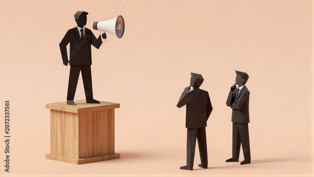 Obraz premium Man on podium speaks into megaphone, two listeners stand attentively below.