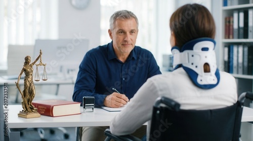 A lawyer providing legal advice to an injured worker wearing a cervical collar.
