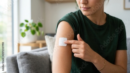 Close up of a woman using a contraceptive patch for birth control.