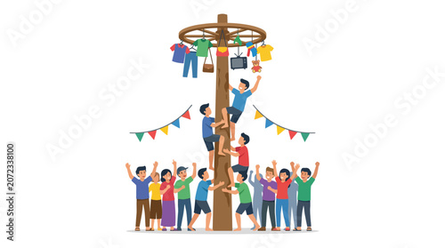 Foto People climbing tall pole for prizes during traditional festival.