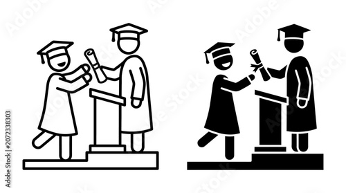Graduation Ceremony Icon Set: A Student Receives a Diploma from an Instructor.