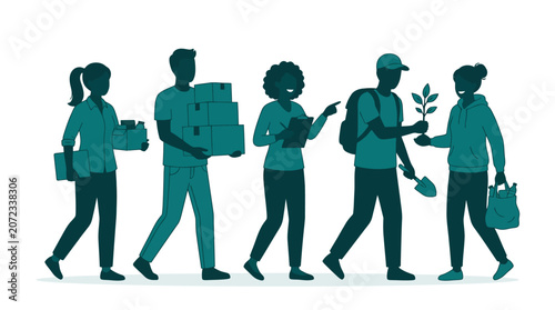Silhouettes of volunteers carrying donation boxes and planting trees.