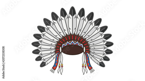 Traditional feathered headdress illustration in natural earth tones.