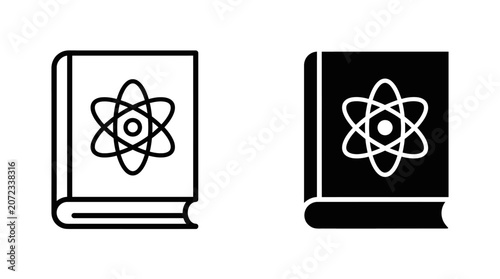 Two stylized icons of a book with an atomic symbol on the cover, one in outline and one in solid black.